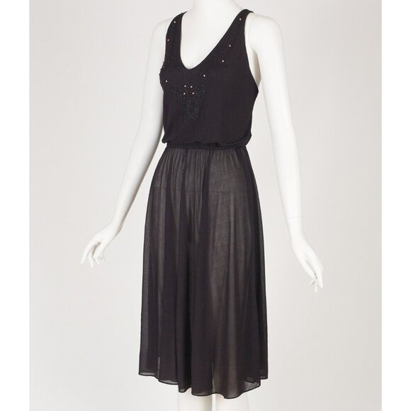 1970s Vintage Beaded Butterfly Black Jersey Cross Back Disco Dress Sz XS - Picture 1 of 5